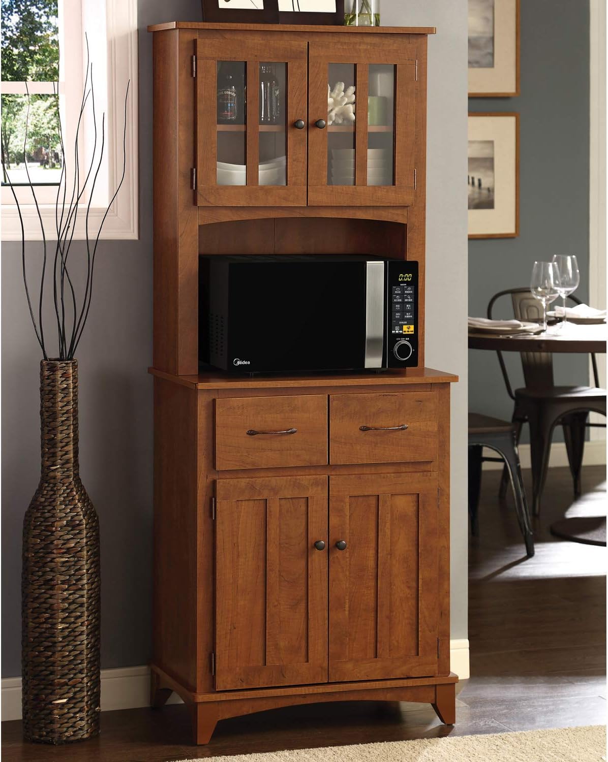 Charcoal Microwave Storage Stand with Double Door Top and Bottom Cabinets J99600