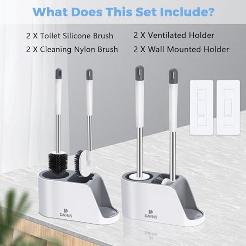 2-Way Toilet Brush with Ventilated Holder Silicone and Bristle Brushes with Aluminum Handle P5917