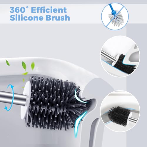 2-Way Toilet Brush with Ventilated Holder Silicone and Bristle Brushes with Aluminum Handle P5917