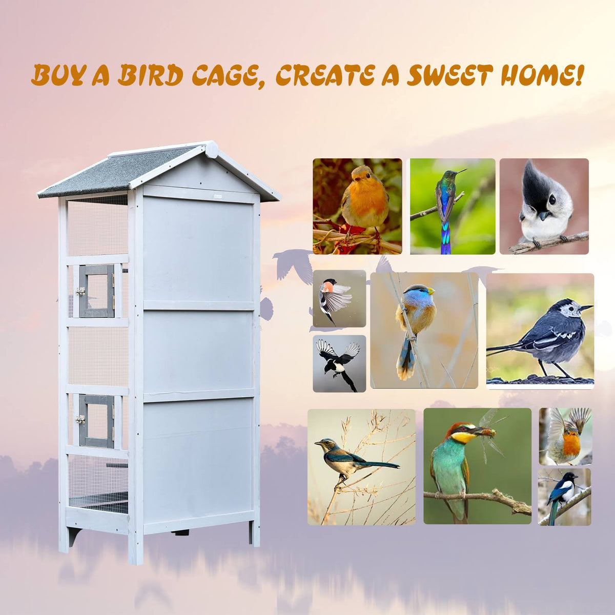 Grey Outdoor Wooden Bird Cage with Removable Bottom Tray C15005