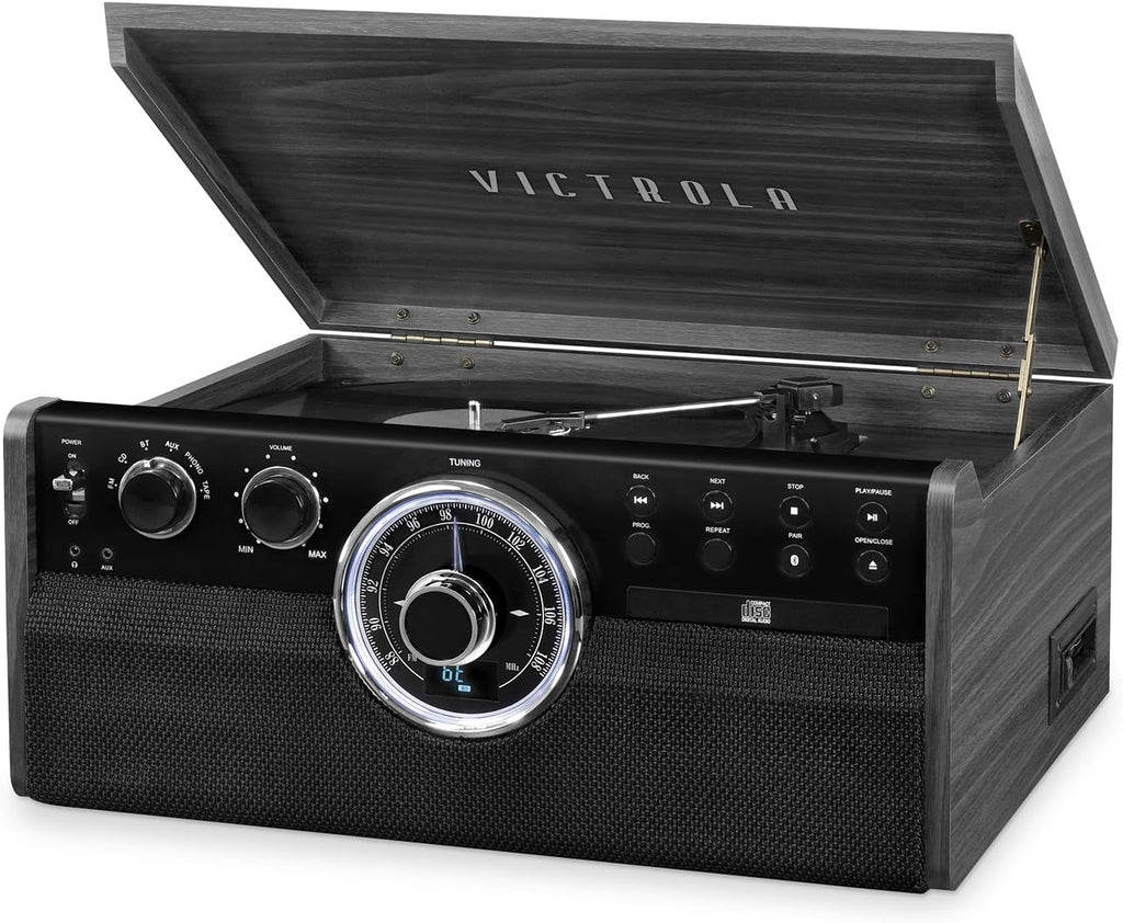 6-in-1 Wood Bluetooth Record Player with 3-Speed Turntable, CD, Cassette Player and Radio K507