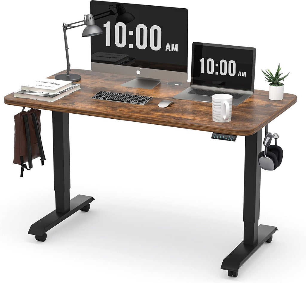 Electric Height Adjustable Standing Desk, 48x24 Inches, Black Steel Frame, Rustic Brown Top M23189