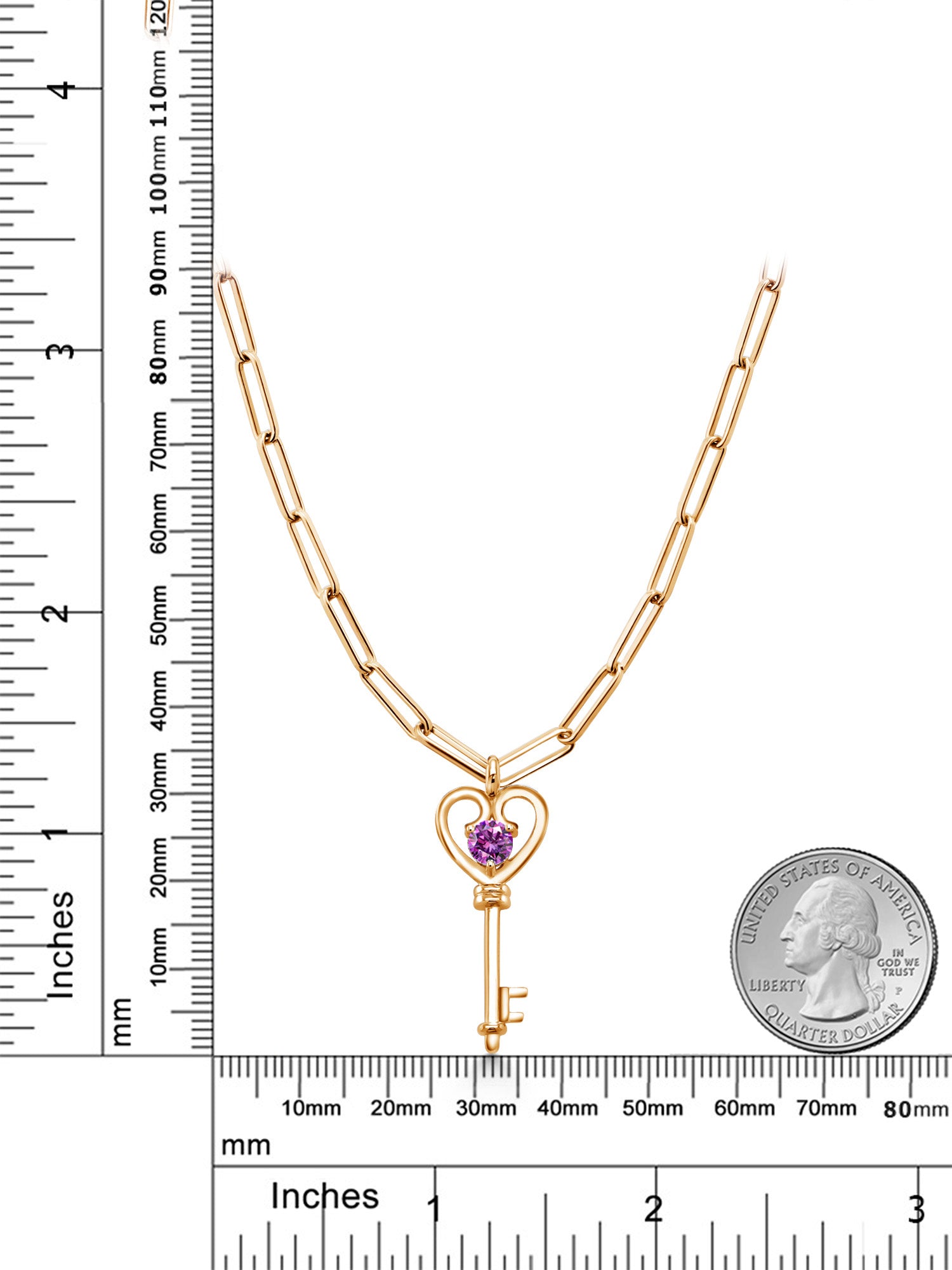 18K Yellow Gold Plated Silver Heart Key Pendant with Paperclip Link Chain 18 inch with 2 inch Extender Set with Round Purple Zirconia T450
