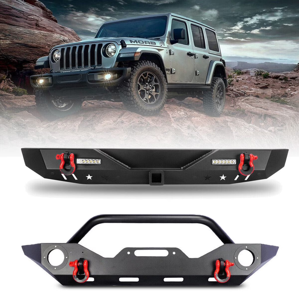 2PCS Full Width Bumper Combo with Winch Plate & LED Lights & D-rings & Fog Light Housing Q10270