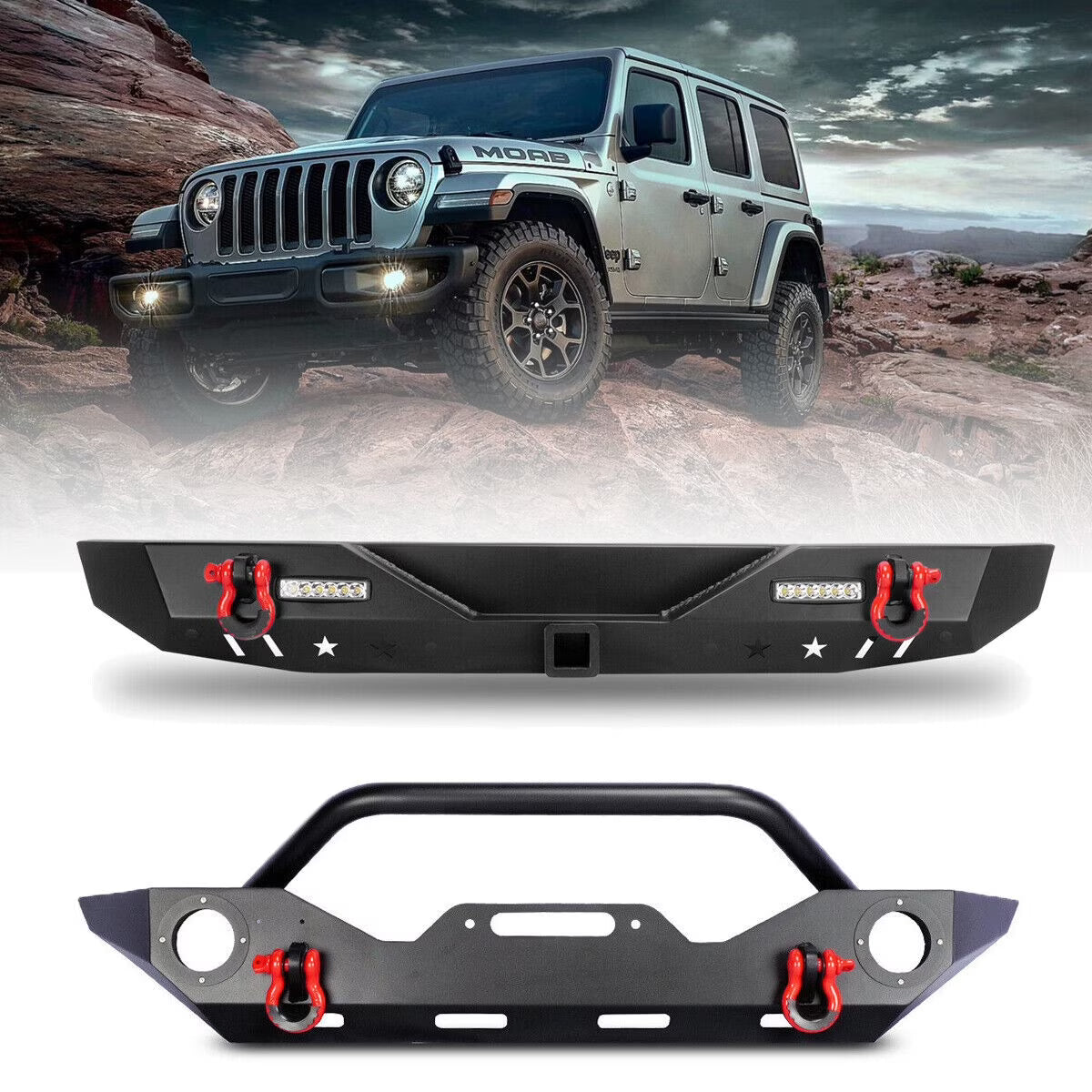 2PCS Full Width Bumper Combo with Winch Plate & LED Lights & D-rings & Fog Light Housing Q10270