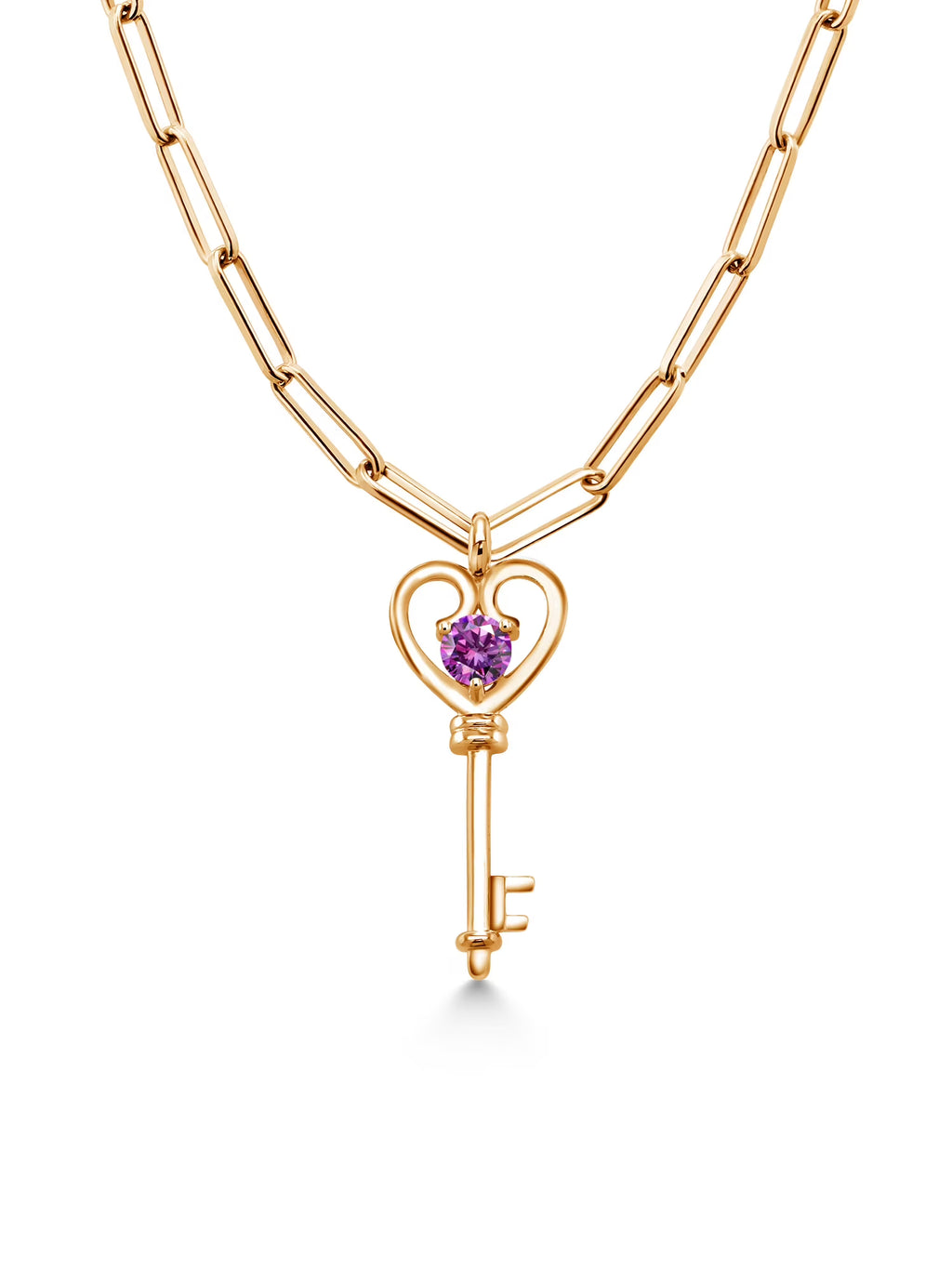 18K Yellow Gold Plated Silver Heart Key Pendant with Paperclip Link Chain 18 inch with 2 inch Extender Set with Round Purple Zirconia T450