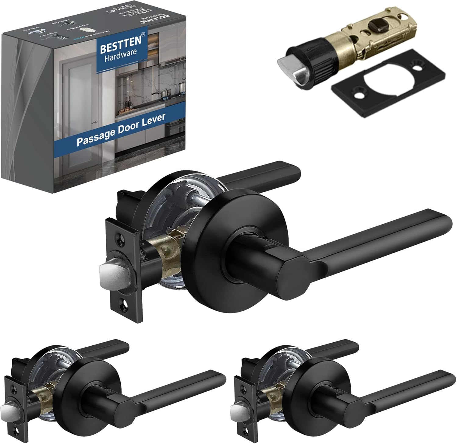 [3 Pack] Matte Black Passage Door Lever with Removable Latch Plate F66958