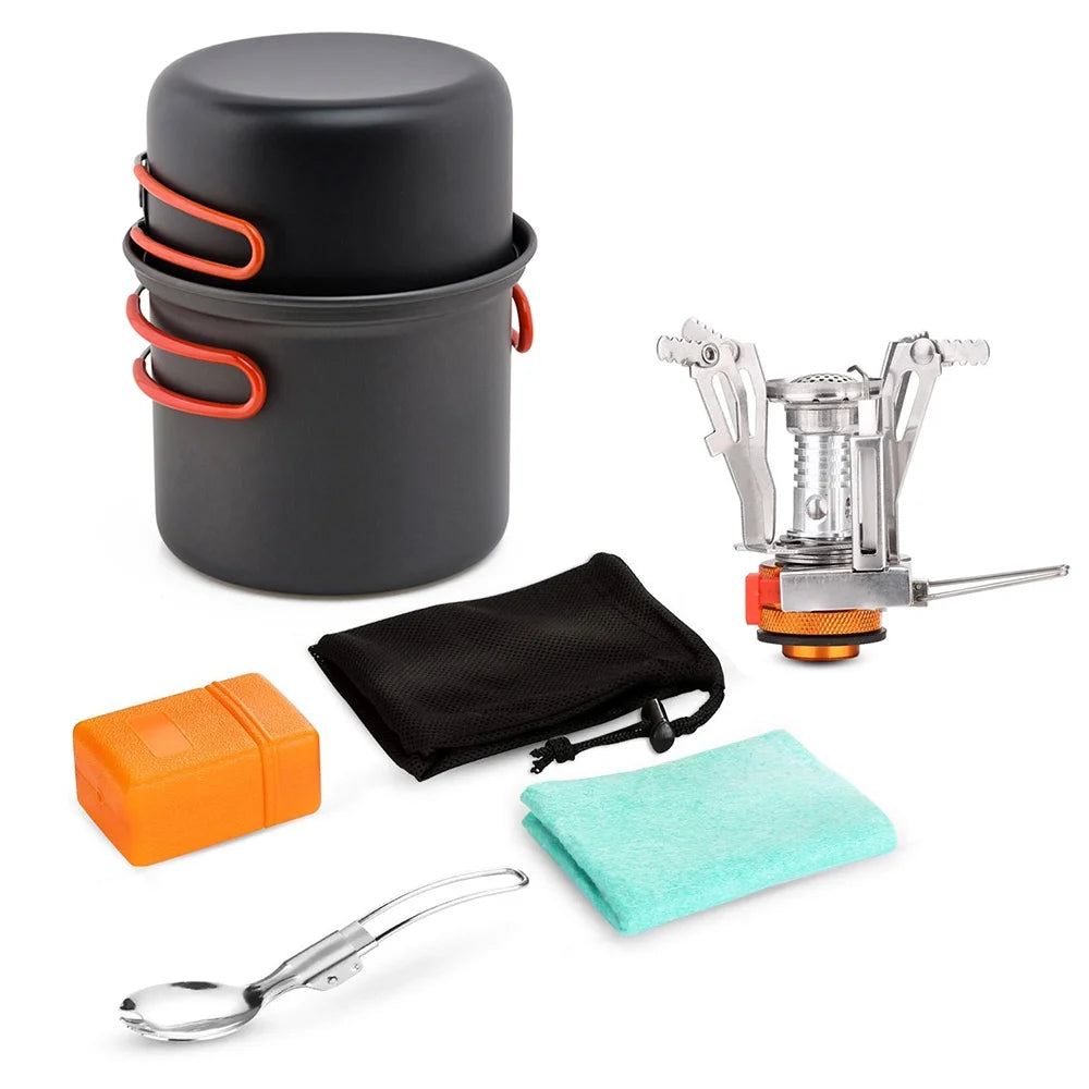 Camping Cookware Set with Folding Spork Cooking Pots Dishcloth R161761