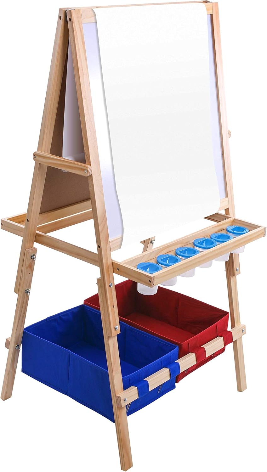 Children's Art Activity Easel with Easel Paper Roll, 2 Large Storage Bins and 6 No-Spill Paint Cups and Lids T344626