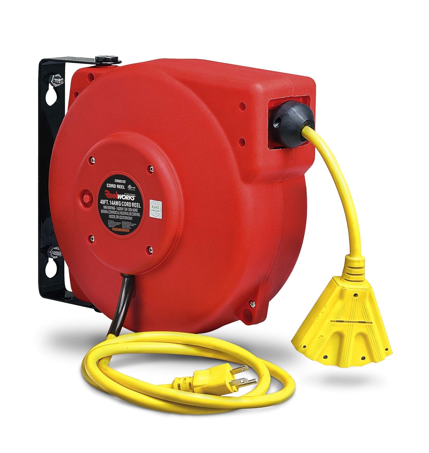 Extension Cord Reel Retractable, 14AWG x 40' Ft 3C SJT, Wall Mount Kit, 3 Outlet/Triple Tap Connector Pack of 2 I621837
