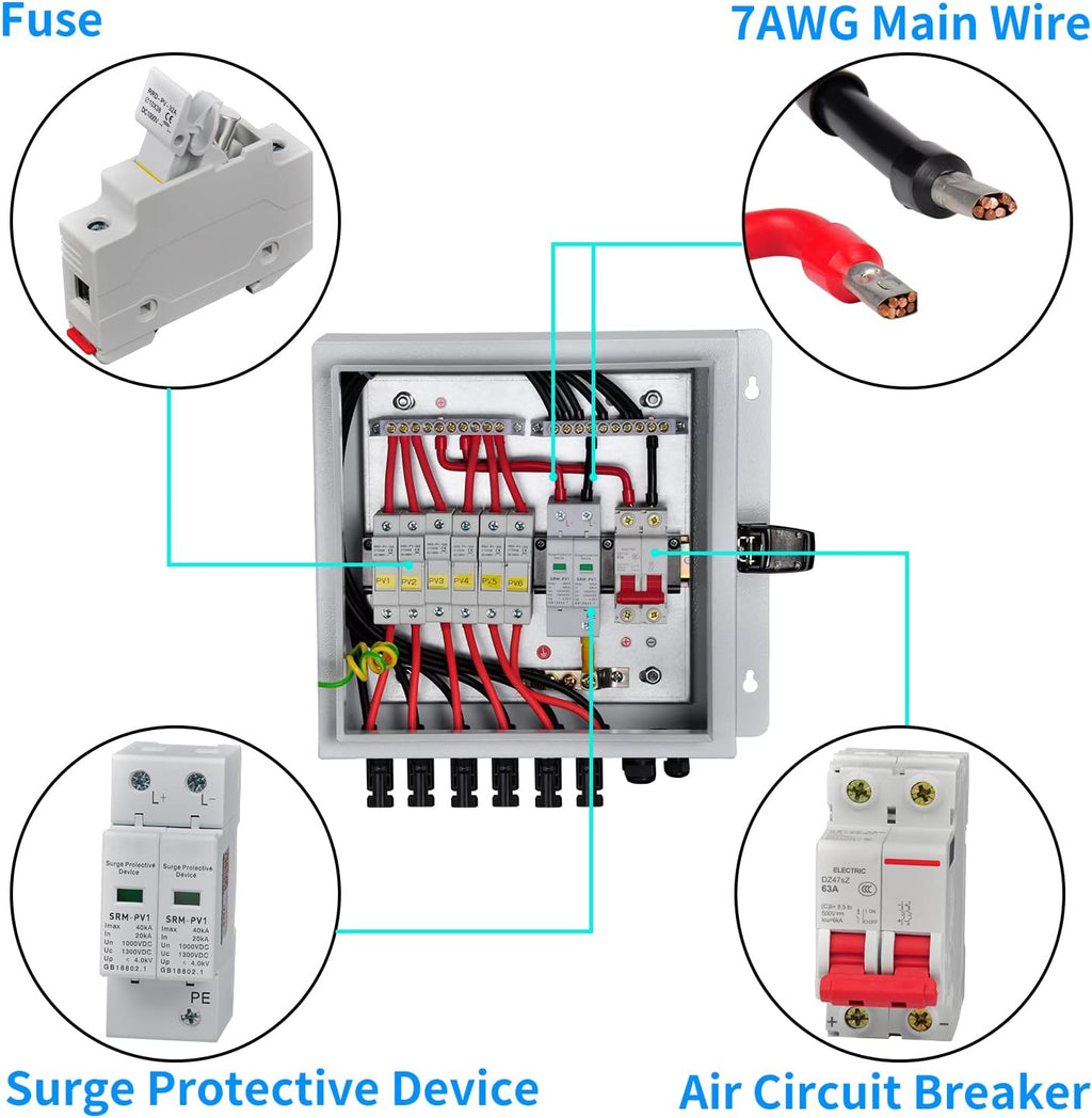 6 String Solar Combiner Box with 15A Fuse, Surge Protective Device, 63A Circuit Breaker P8708