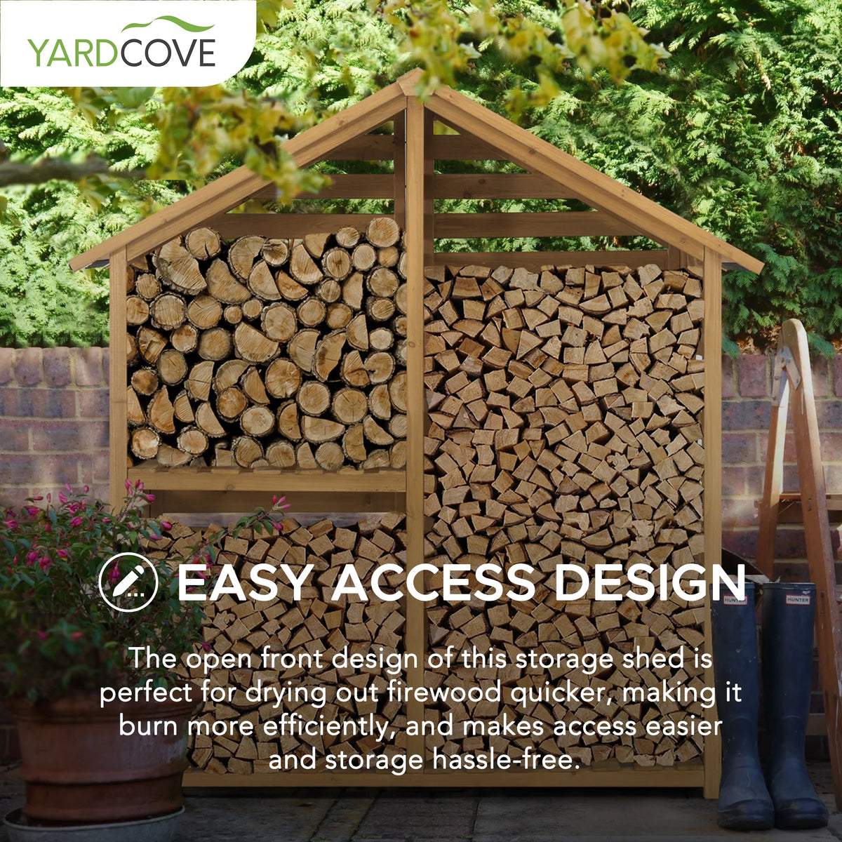 69" Solid Cedar Wood Firewood Log Rack with Black Asphalt Roof and 2-Tier Shelf V594342