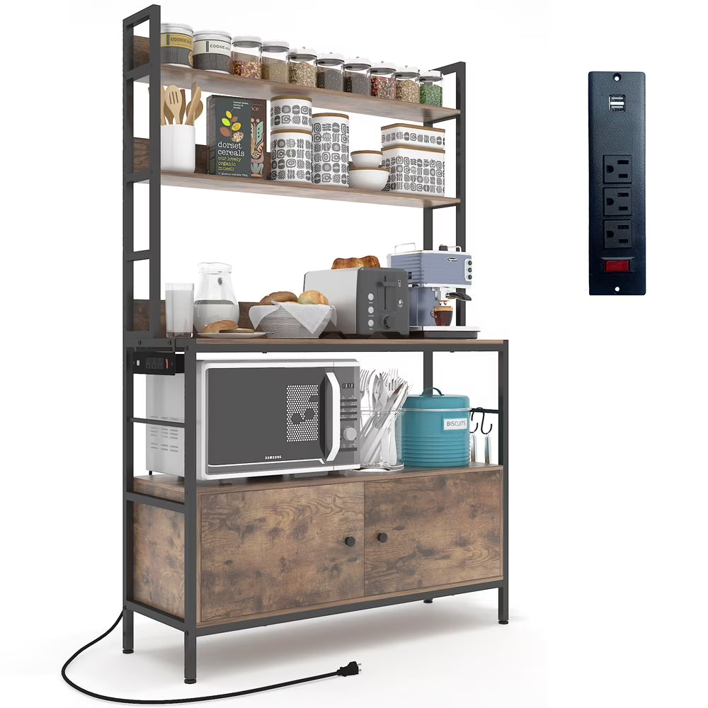 5-Tier Brown Wood Microwave Rack with Power Outlets D667960