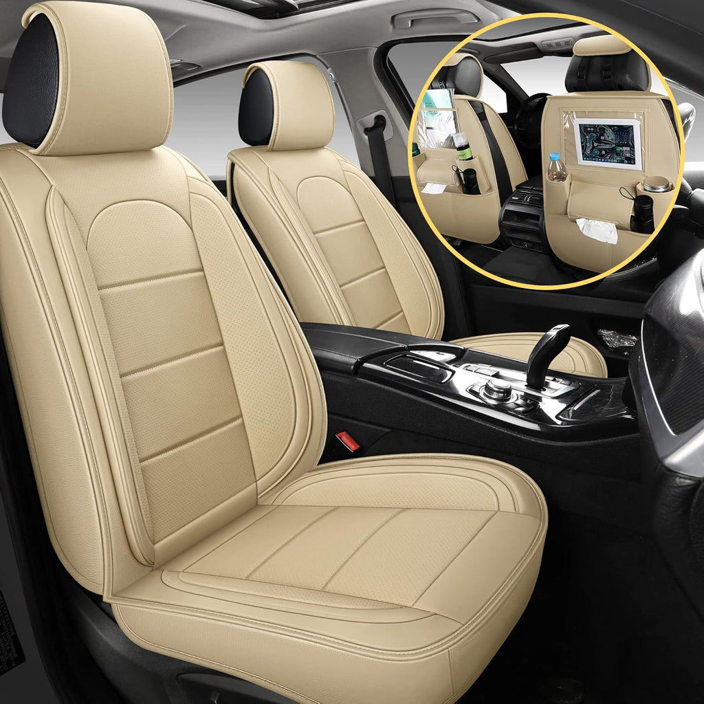 Beige Leather Full Set Car Seat Covers with Backseat Organizer A723125