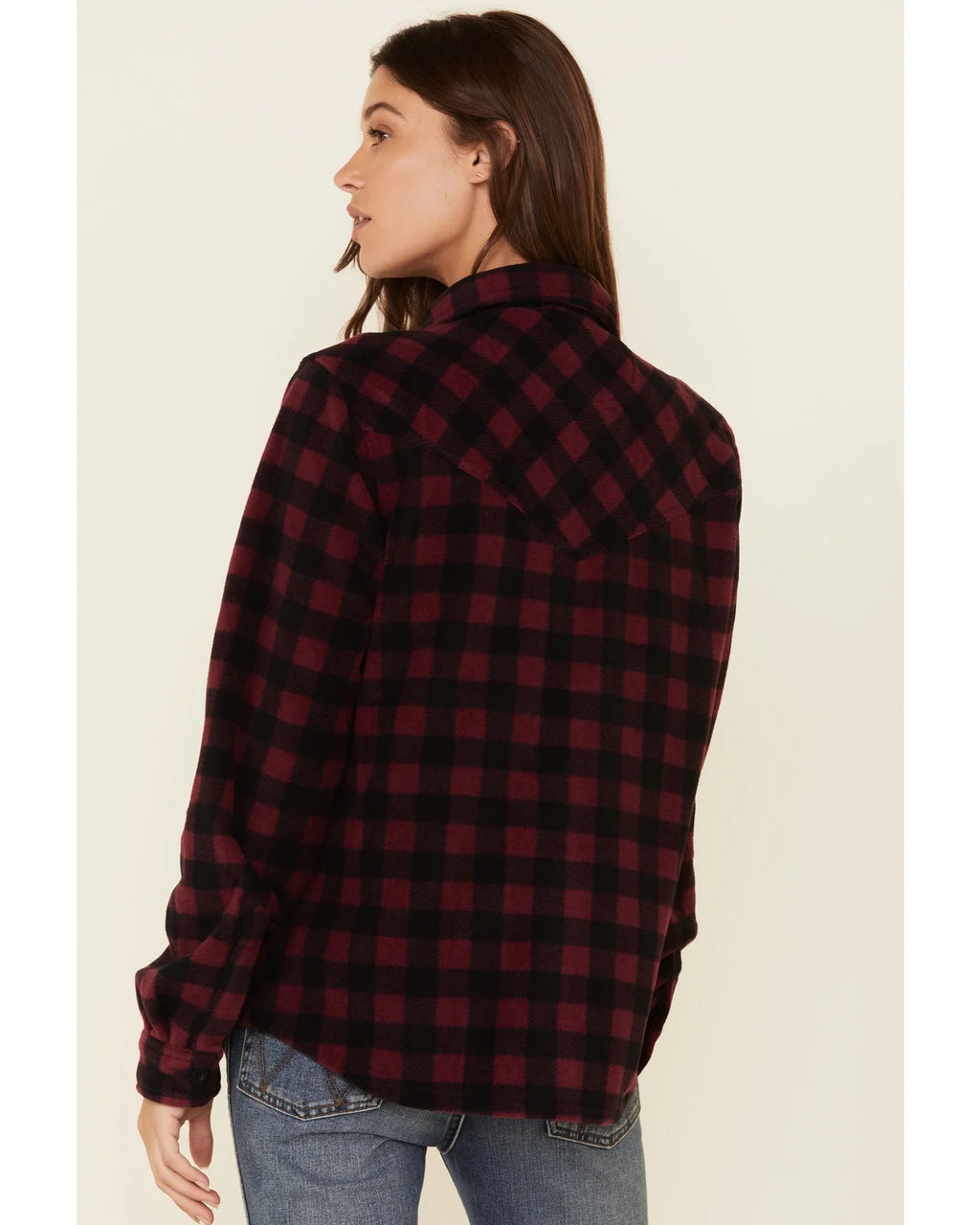 Plaid Print Long Sleeve Fleece Shacket Wine 3X I3164