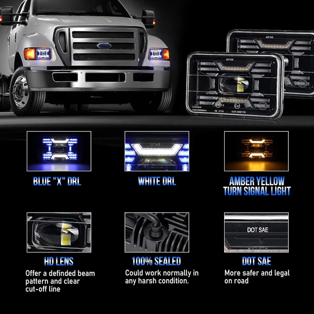 80W Square 4x6 Inch LED Headlight with Halo & Turn Signal Light, 2PC Pack X25755
