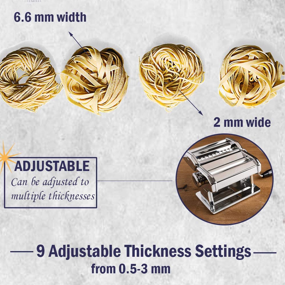 Pasta Maker Machine with 9 Adjustable Thickness Settings, Includes Cutter and Hand Crank V6782