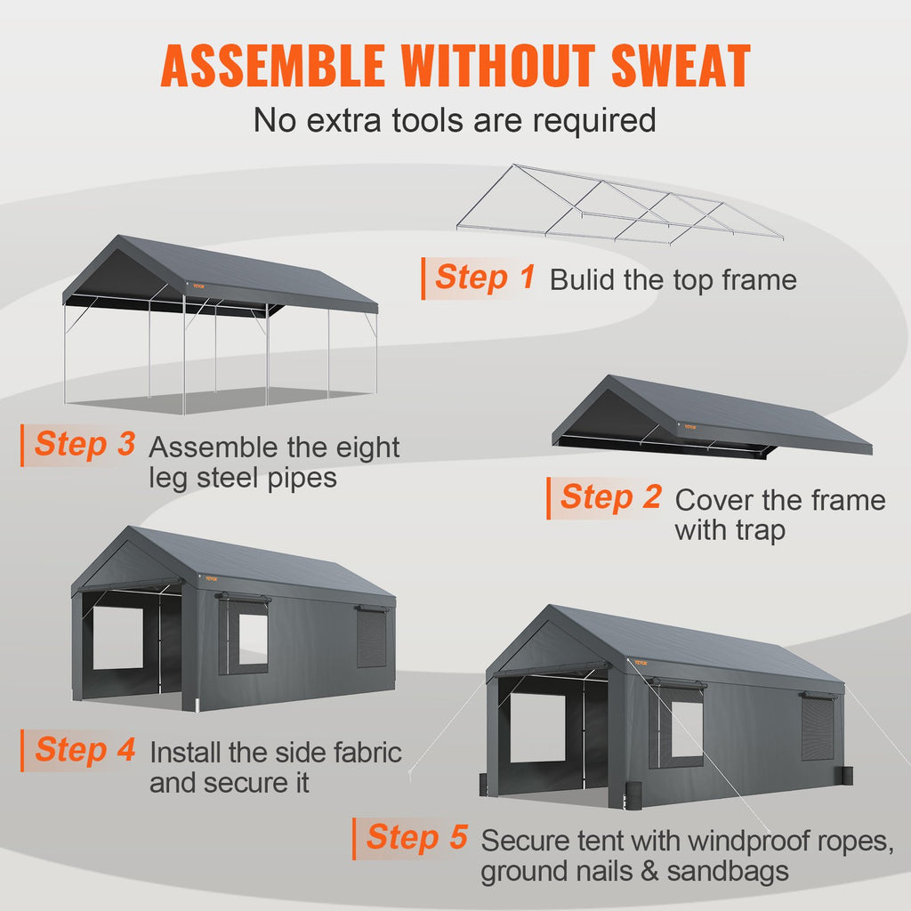 12x20ft Heavy Duty Carport with Removable Sidewalls W489