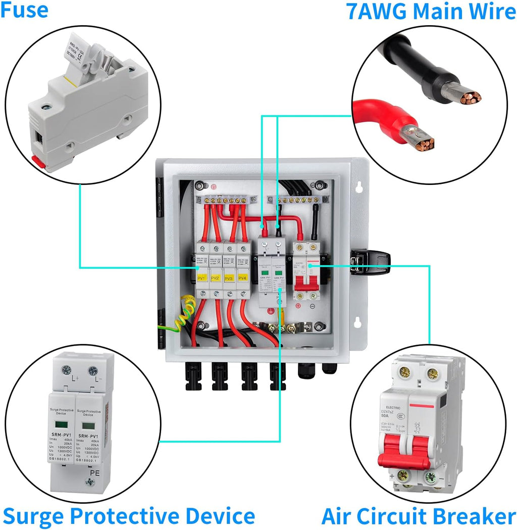 6 String Solar Combiner Box with 15A Fuse, Surge Protective Device, 63A Circuit Breaker P8708