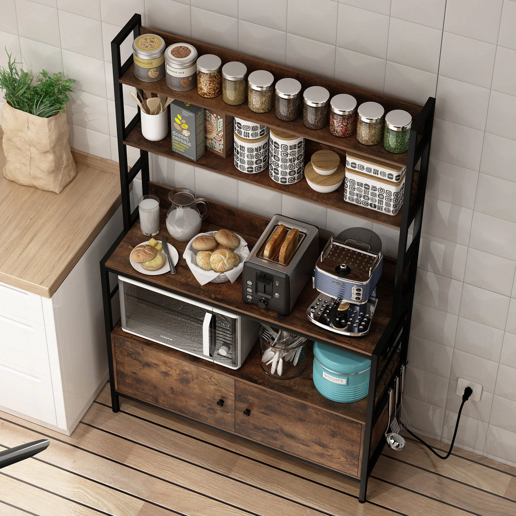 5-Tier Brown Wood Microwave Rack with Power Outlets D667960
