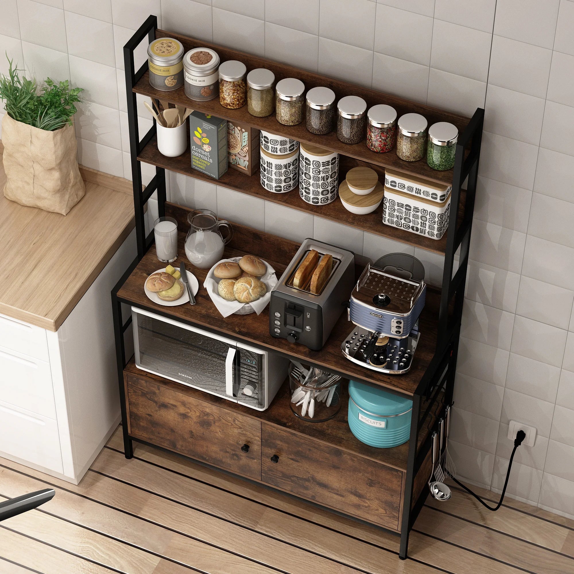 5-Tier Brown Wood Microwave Rack with Power Outlets D667960