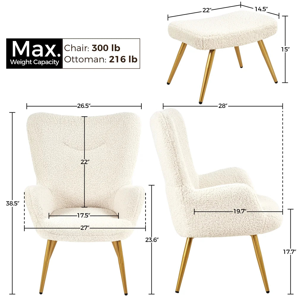 Ivory Boucle Accent Chair and Ottoman Set with Golden Metal Legs A85904