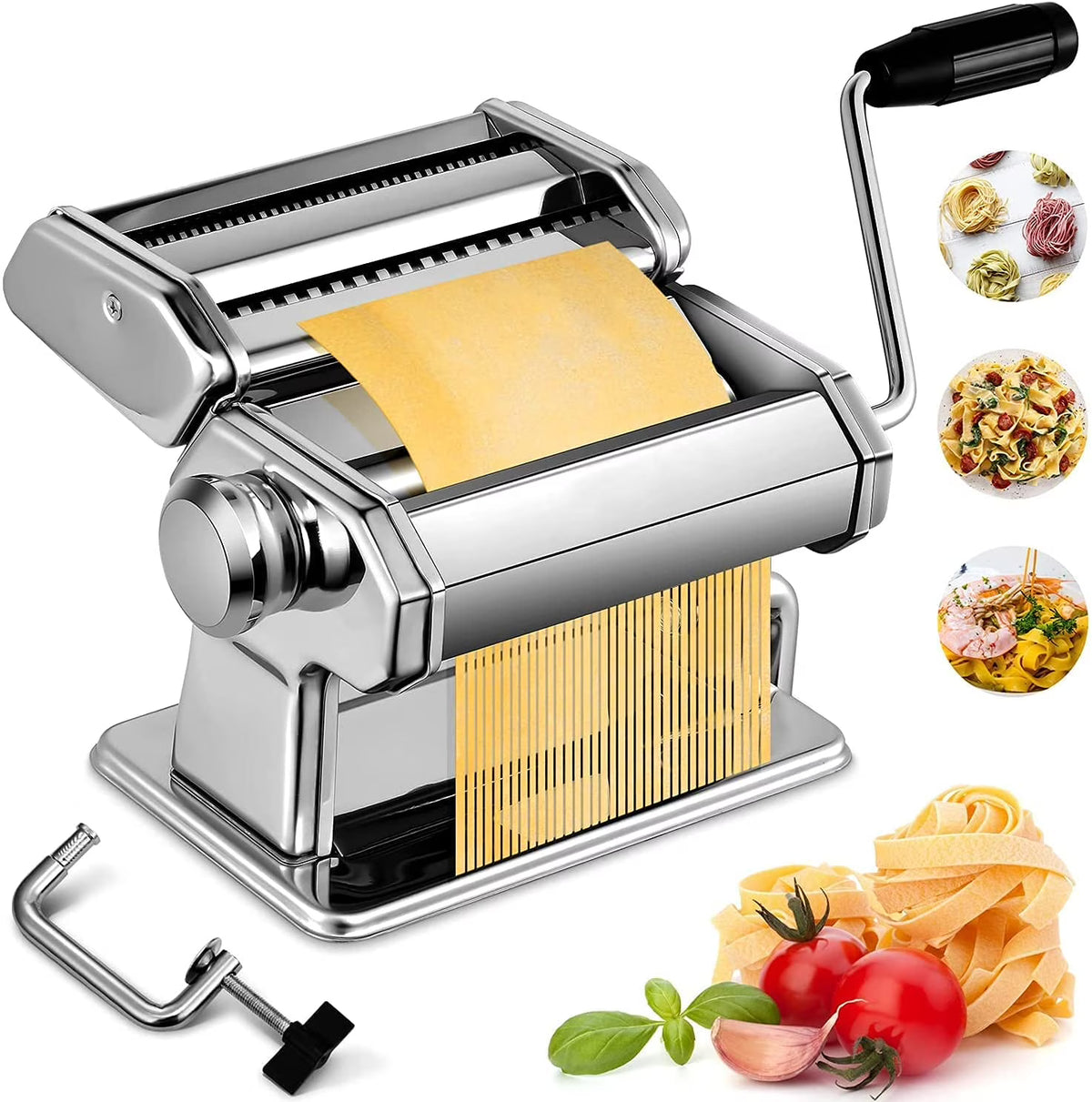 Pasta Maker Machine with 9 Adjustable Thickness Settings, Includes Cutter and Hand Crank V6782