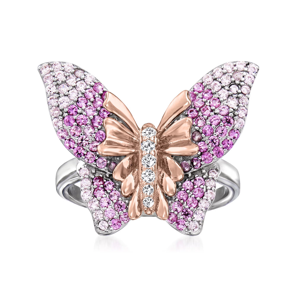 Simulated Pink Sapphire Butterfly Ring With CZ Accents in 2-Tone Sterling Silver W79285