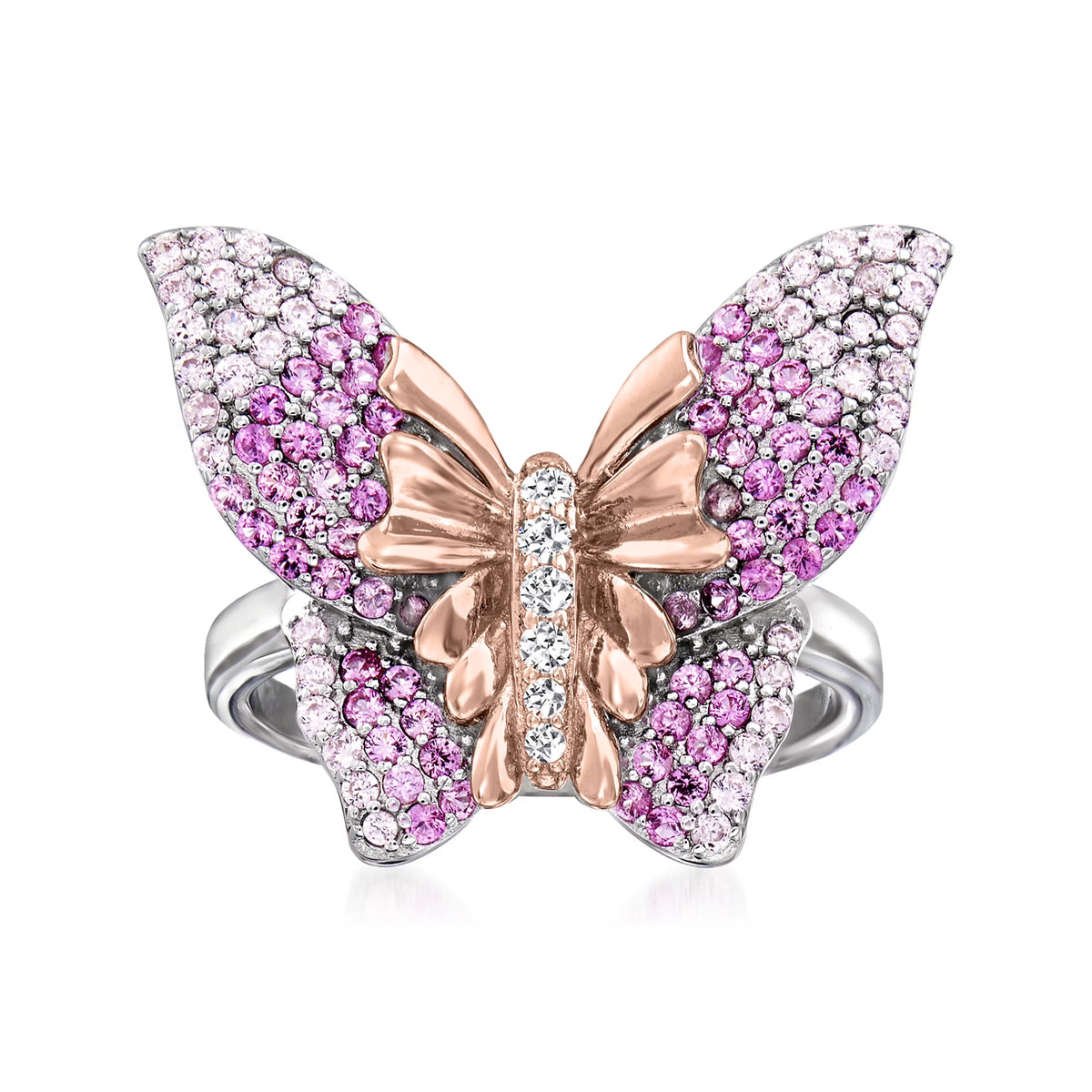 Simulated Pink Sapphire Butterfly Ring With CZ Accents in 2-Tone Sterling Silver W79285