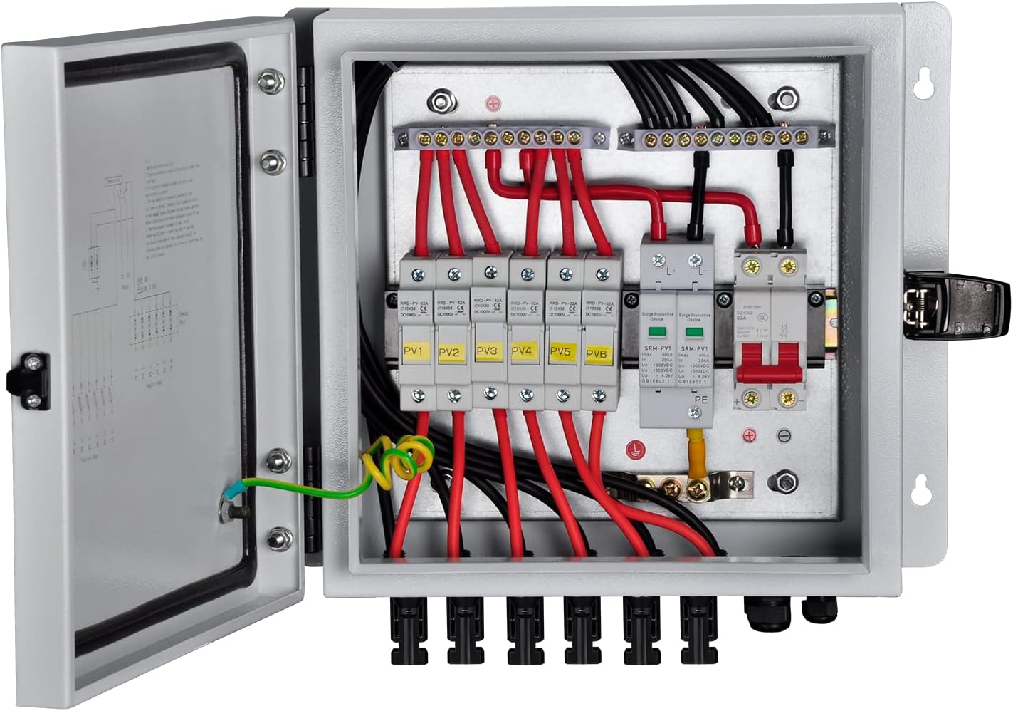 6 String Solar Combiner Box with 15A Fuse, Surge Protective Device, 63A Circuit Breaker P8708