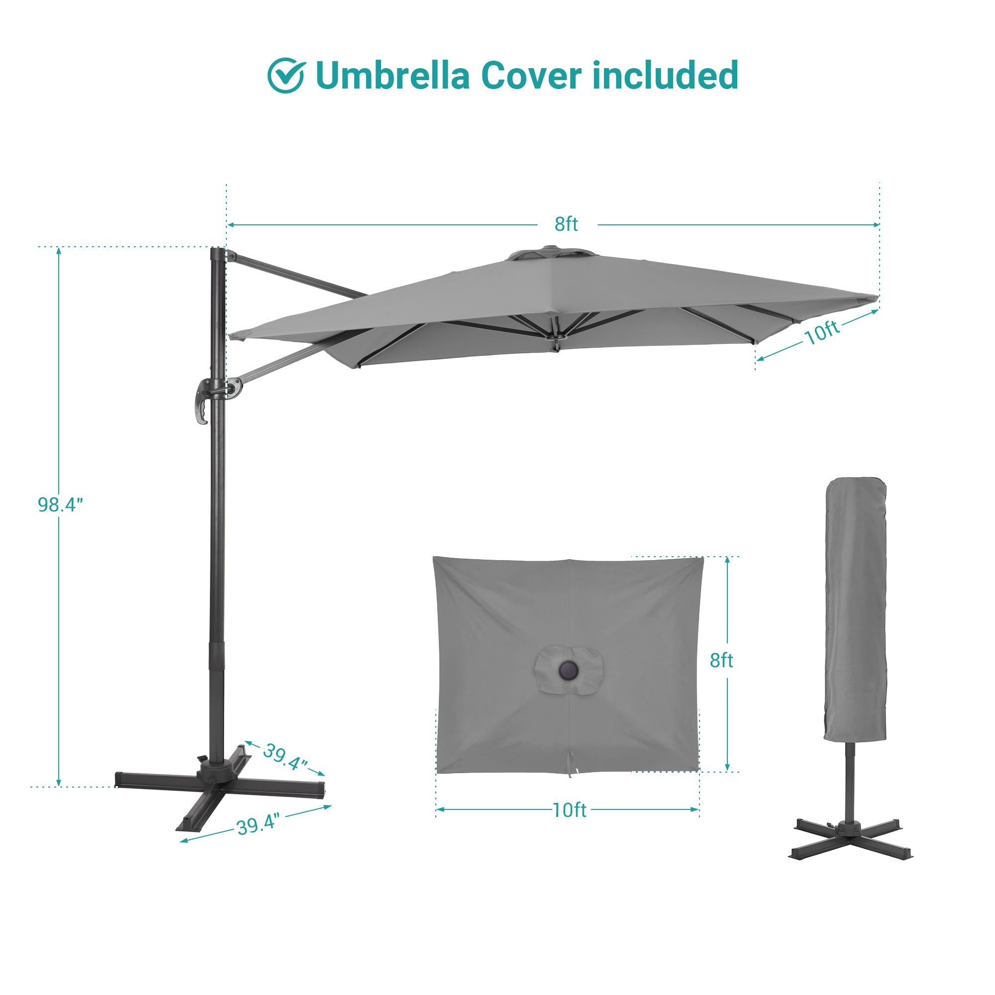 10×8FT Cantilever Patio Umbrella, Gray I990