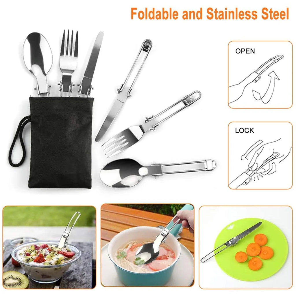 Camping Cookware Mess Kit Pot Pan Kettle Cooking Set Tableware with Spoon Fork B50131