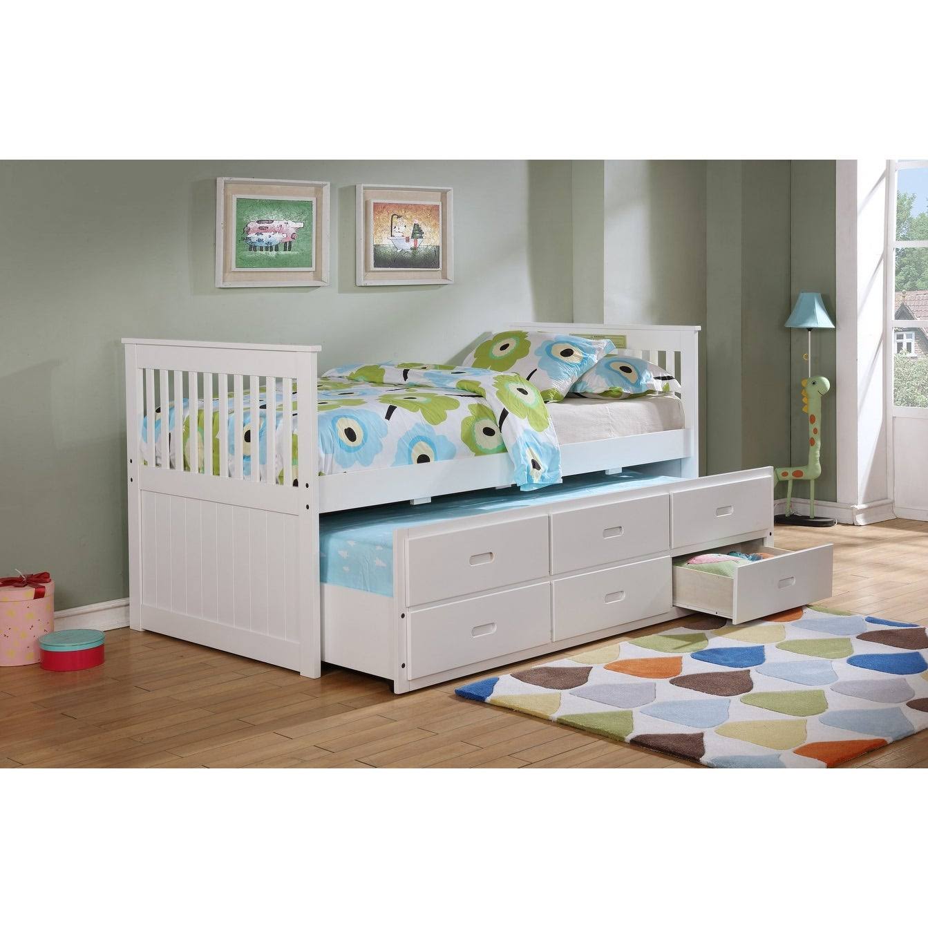 White Finish Twin Captain Bed with Trundle and Storage N148898