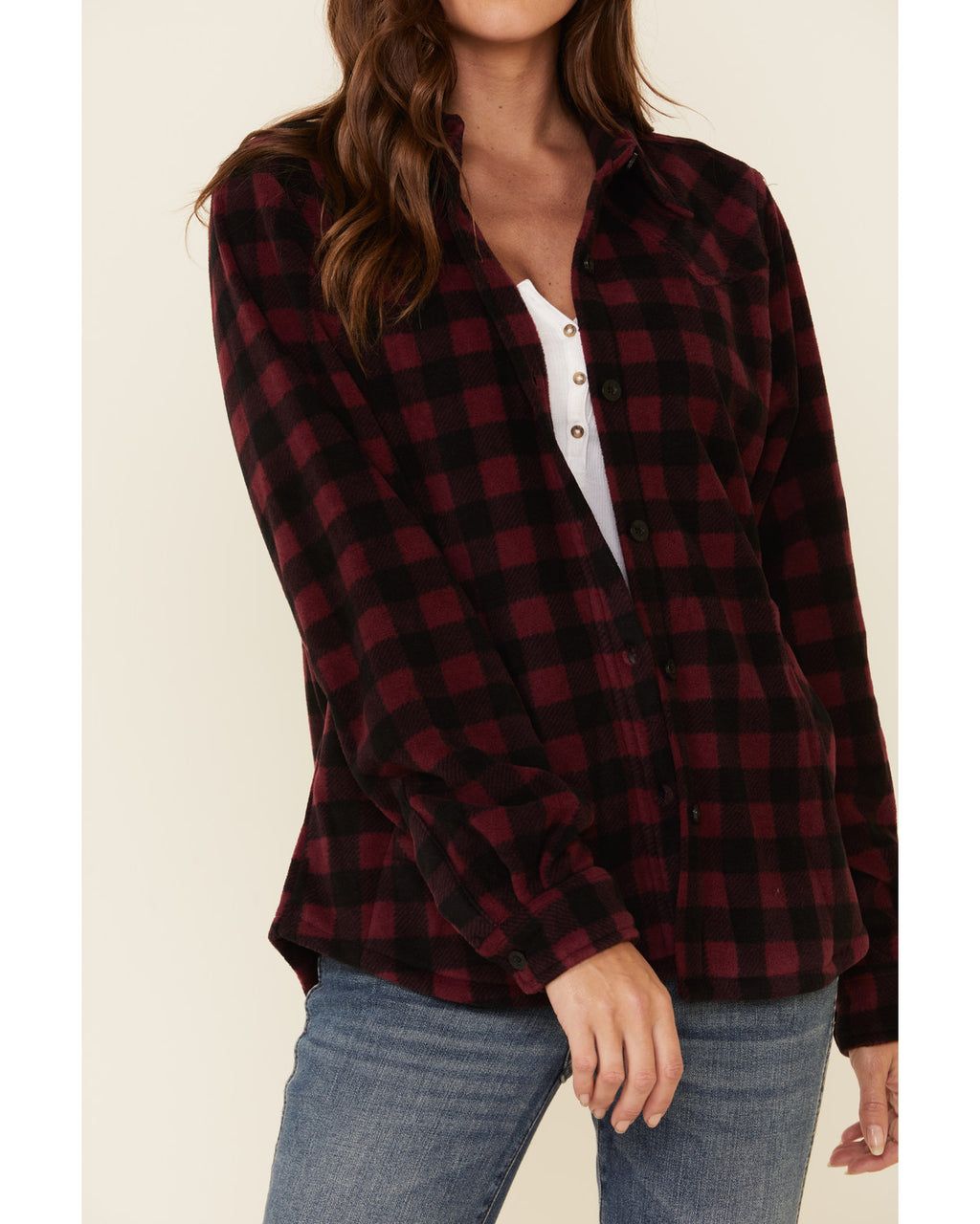 Plaid Print Long Sleeve Fleece Shacket Wine 3X I3164