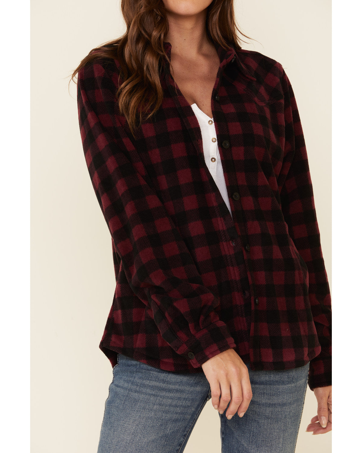 Plaid Print Long Sleeve Fleece Shacket Wine 3X I3164