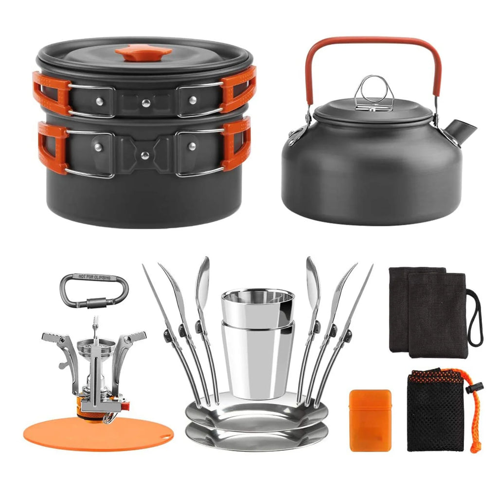 Camping Cookware Mess Kit Pot Pan Kettle Cooking Set Tableware with Spoon Fork B50131