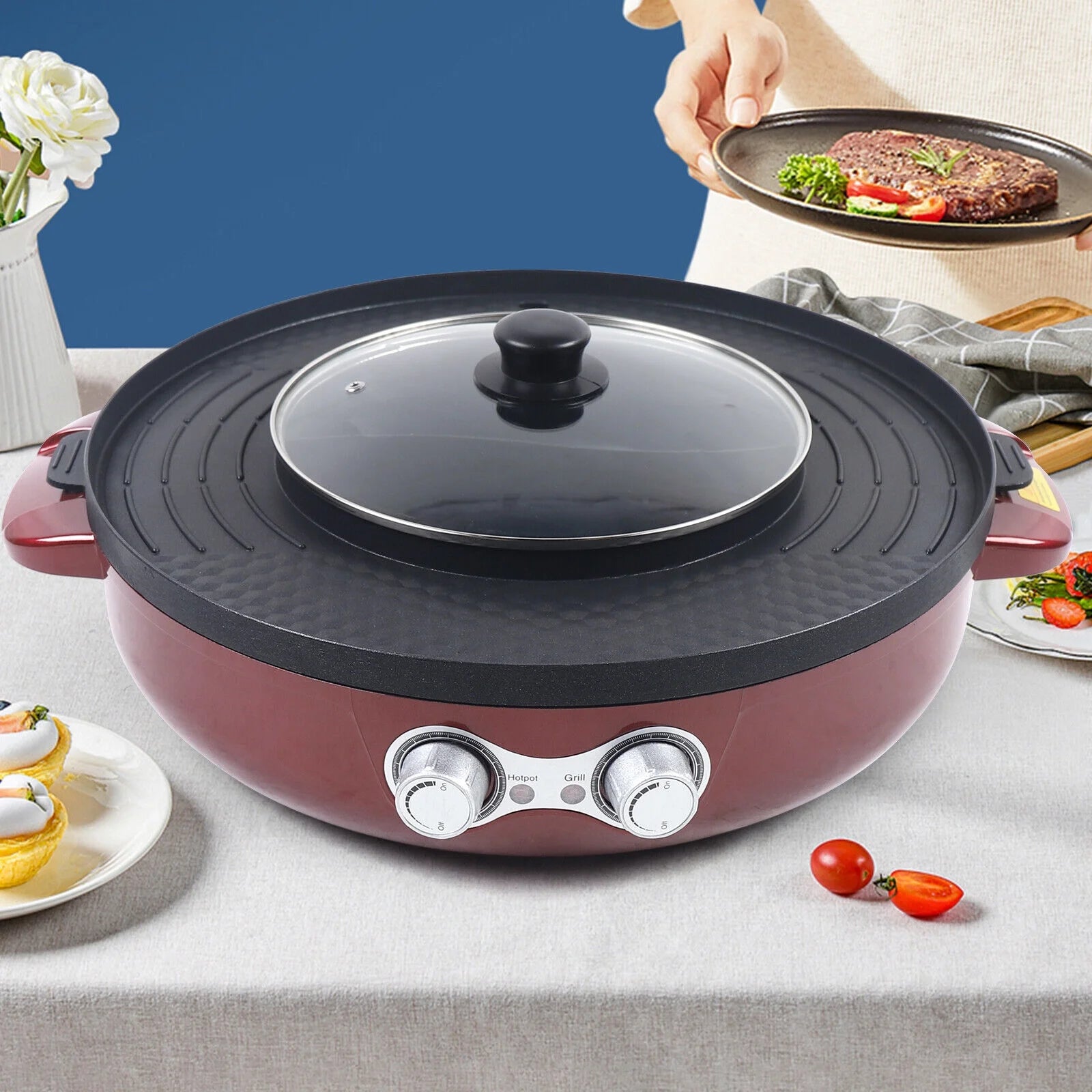 Red 2-in-1 Electric Smokeless Grill Hot Pot 2200W S240