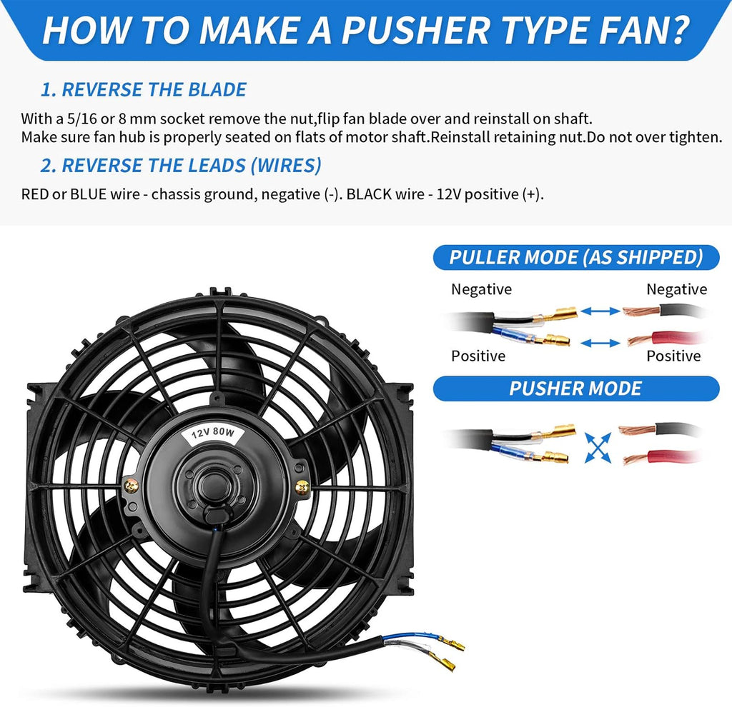 Reversible 10 Inch Electric Radiator Cooling Fan with Mounting Kit 1350 CFM 12 Volts Pack of 2 A993