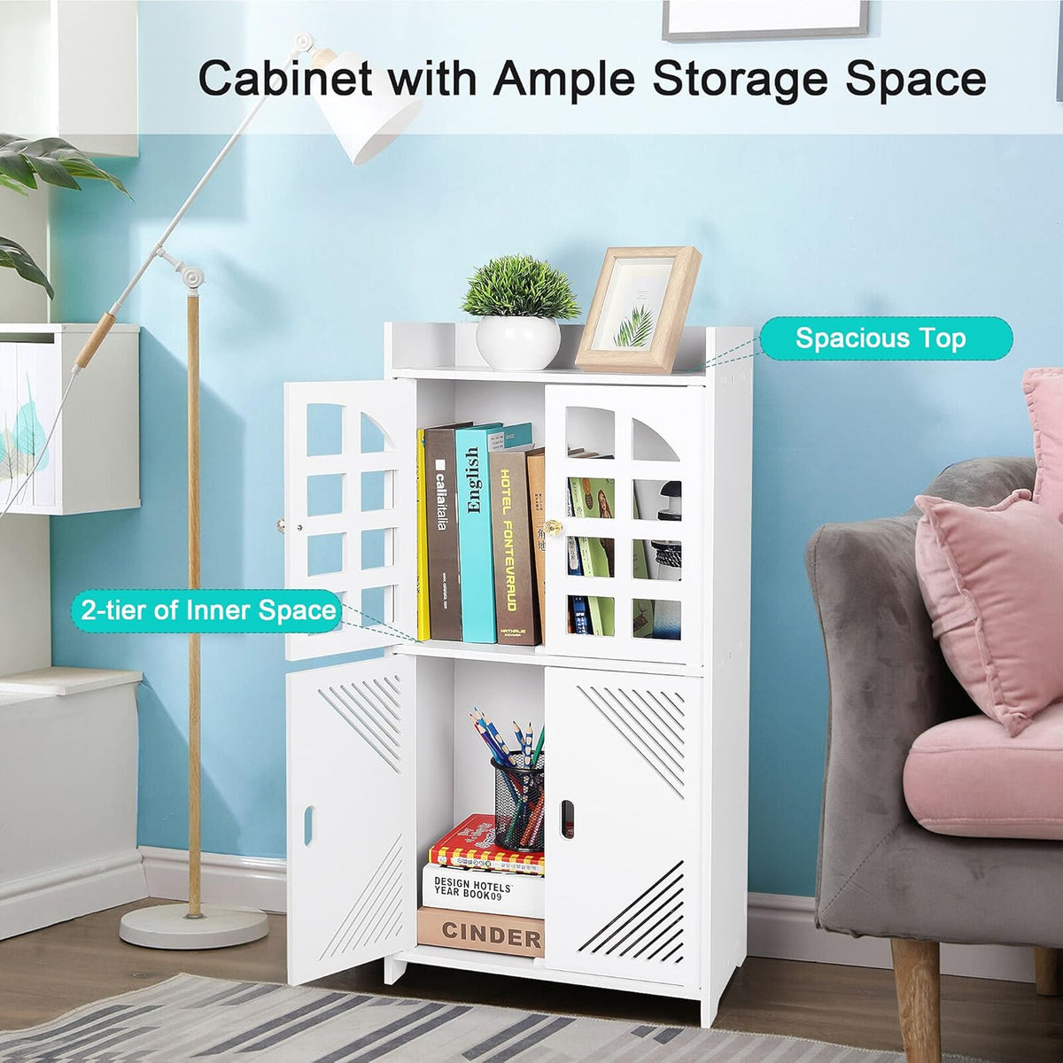 White PVC Double Door Floor Standing Storage Cabinet A399