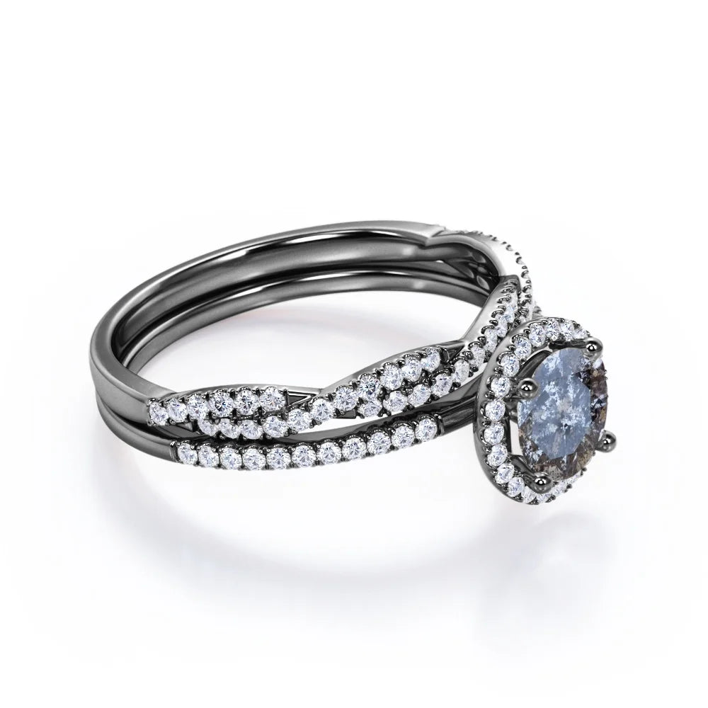 Four-Prong Halo Setting 1.5 Carat Round Brilliant Cut Gray Salt and Pepper Diamond Bridal Ring Set in 18K Black Gold Plating over Silver D74997