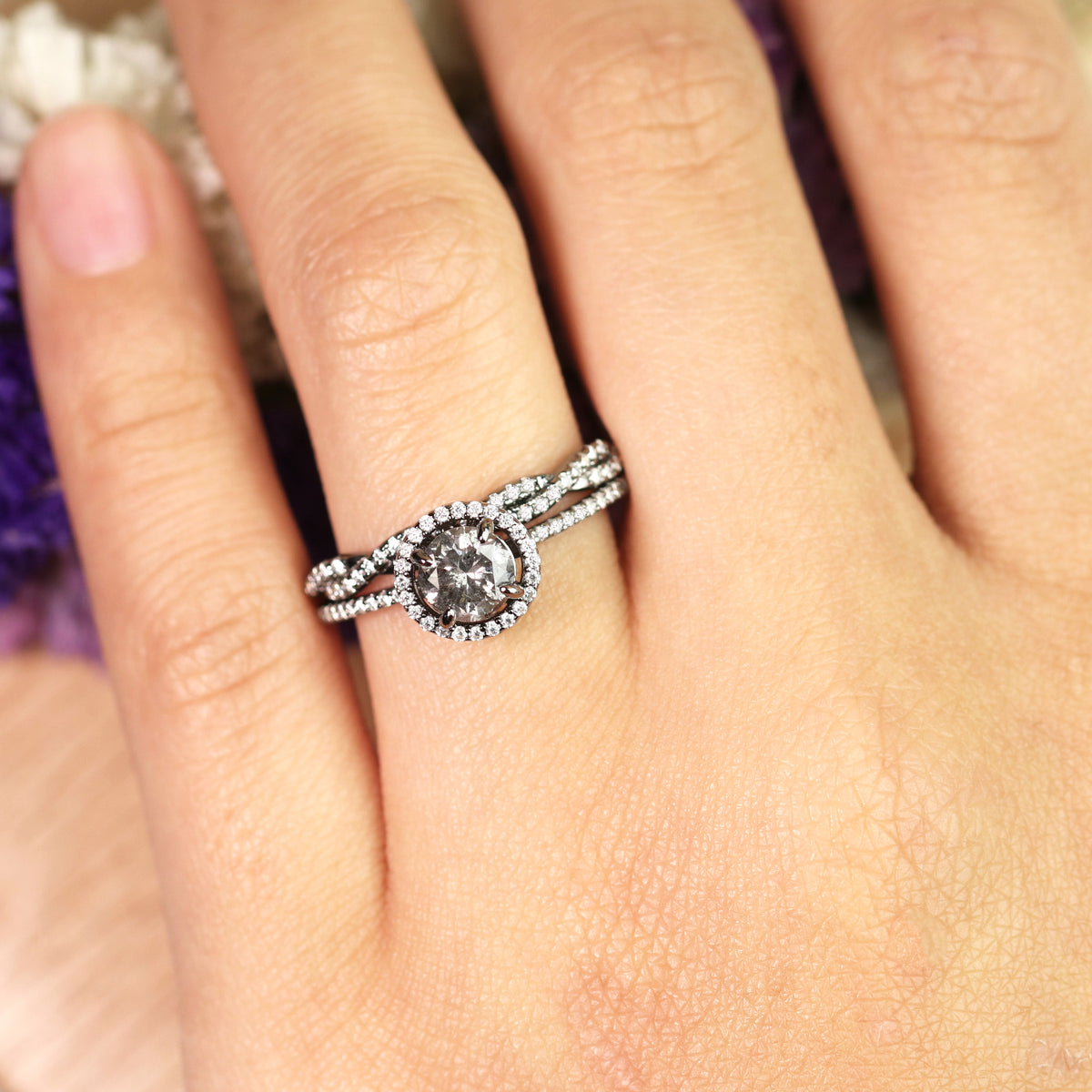 Four-Prong Halo Setting 1.5 Carat Round Brilliant Cut Gray Salt and Pepper Diamond Bridal Ring Set in 18K Black Gold Plating over Silver D74997