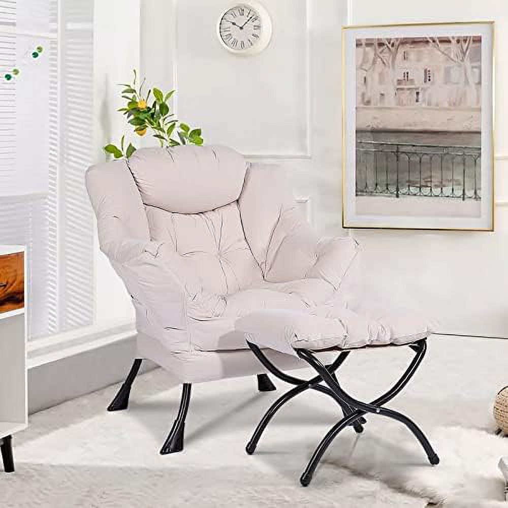 Modern Lazy Chair with Ottoman Steel Frame Lounge Chair Set with Footstool Armrests Side Pocket B4086