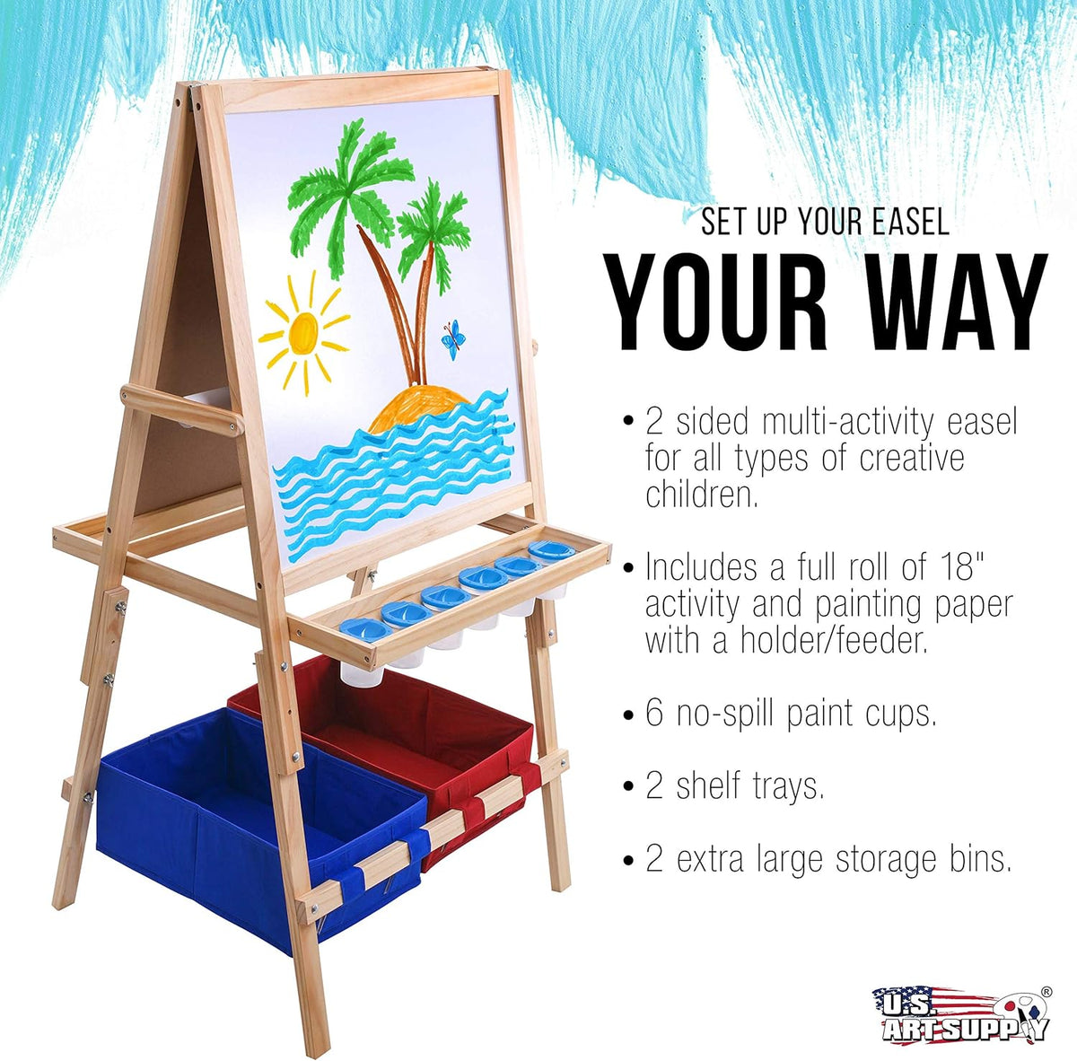 Children's Art Activity Easel with Easel Paper Roll, 2 Large Storage Bins and 6 No-Spill Paint Cups and Lids T344626