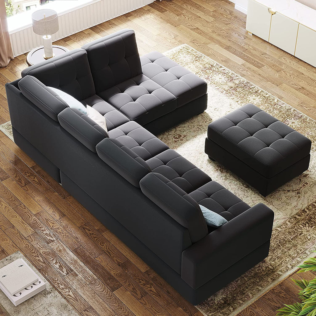 Modern Sectional Sofa with Reversible Chaise, L Shaped Couch Set with Storage Ottoman and Two Cup Holders K7034