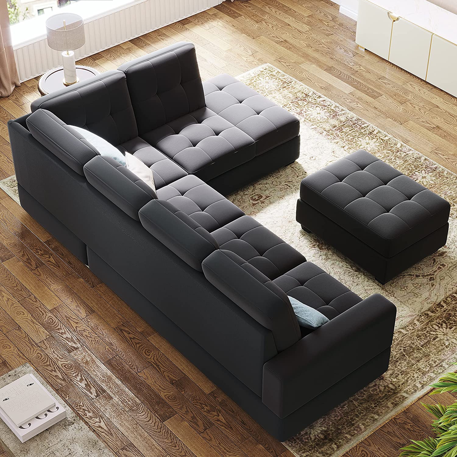 Modern Sectional Sofa with Reversible Chaise, L Shaped Couch Set with Storage Ottoman and Two Cup Holders K7034