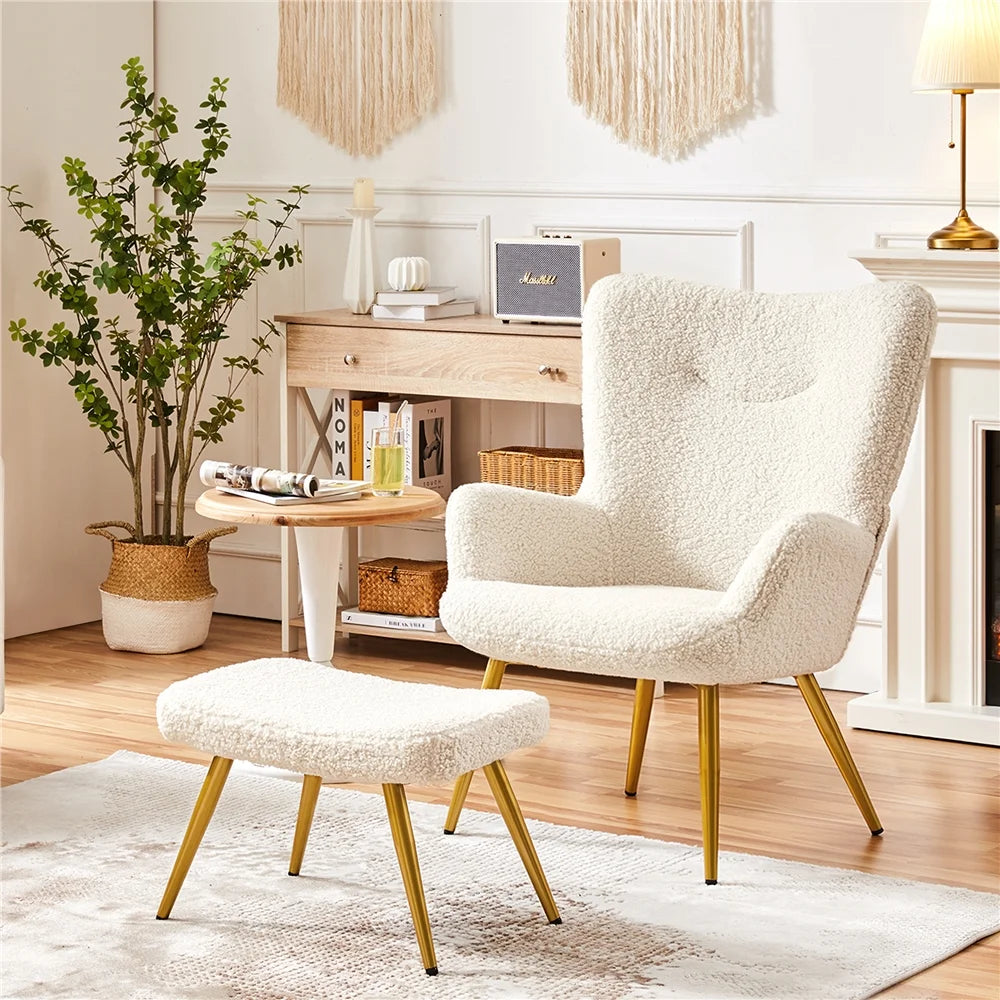 Ivory Boucle Accent Chair and Ottoman Set with Golden Metal Legs A85904