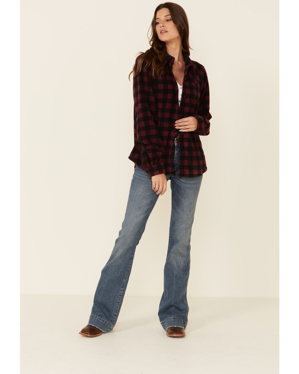 Plaid Print Long Sleeve Fleece Shacket Wine 3X I3164