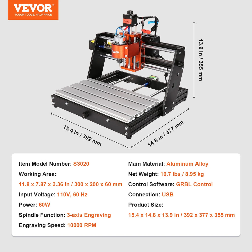 CNC Router Machine, 60W, 3 Axis, 11.8 x 7.87 x 2.36 in Working Area P488010