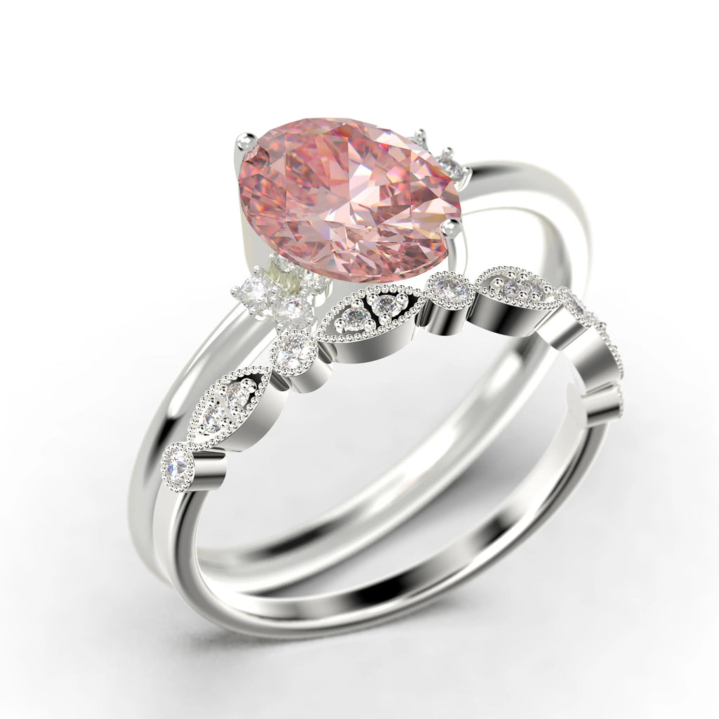 10K Solid White Gold Oval Cut Morganite And Diamond Moissanite Engagement Ring P1565