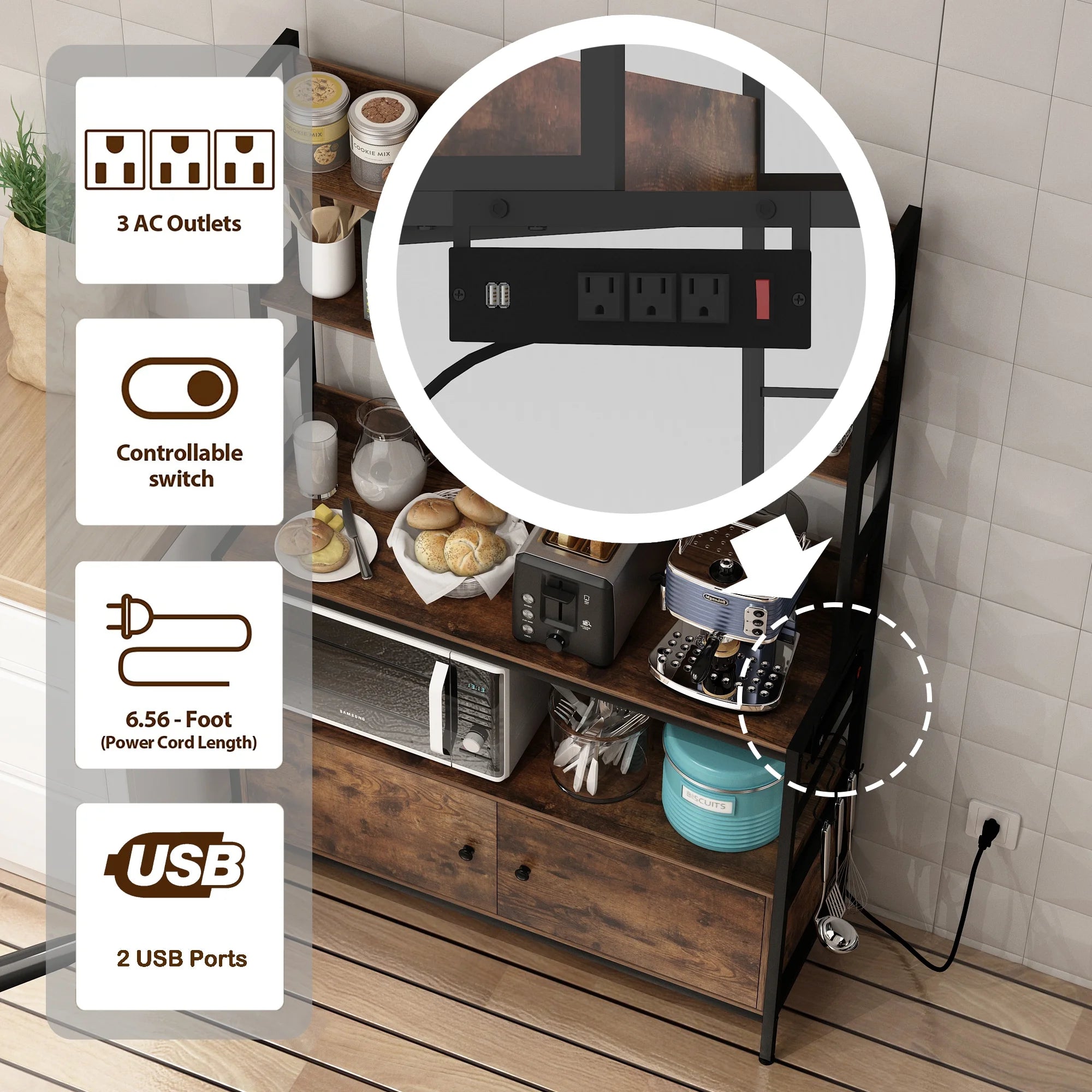 5-Tier Brown Wood Microwave Rack with Power Outlets D667960